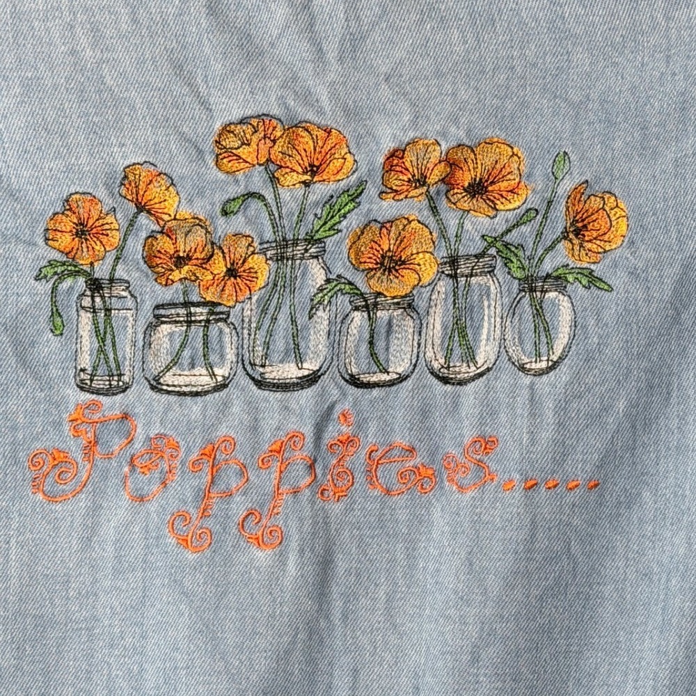 Tommy Bahama Denim Peplum Jacket Sm Embroidered Poppies Bell Sleeve Boho Coastal - Picture 4 of 6